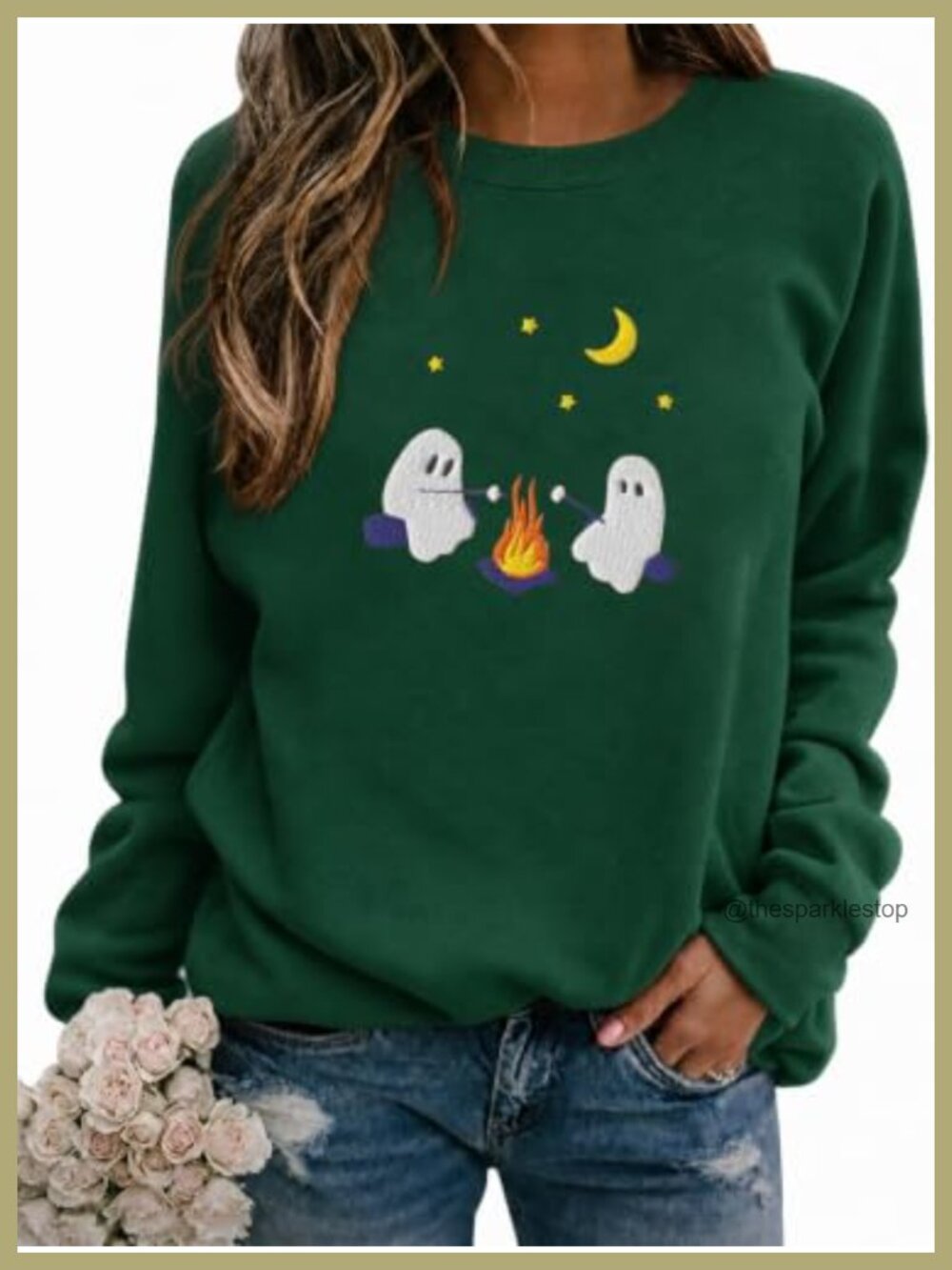 Ghost Embroidered Sweatshirt Womens Halloween Pullover Crew Neck